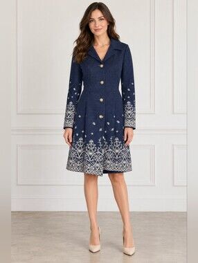 Piko 1988 Navy Polka Dot Embroidered Fit & Flare Coat M